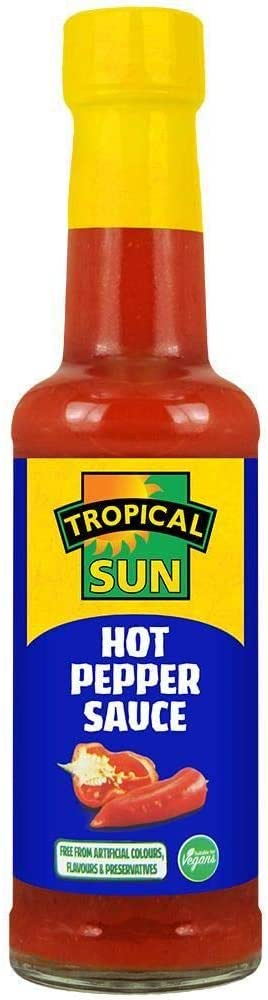 Tropical Sun Jamaican Scotch Bonnet Hot Pepper Sauce is a fiery and flavorful Caribbean hot sauce that's perfect for adding a bold kick to your favorite dishes. Made with scotch bonnet peppers, vinegar, sugar, and a blend of spices, this sauce is sure to satisfy those who crave both heat and flavor.