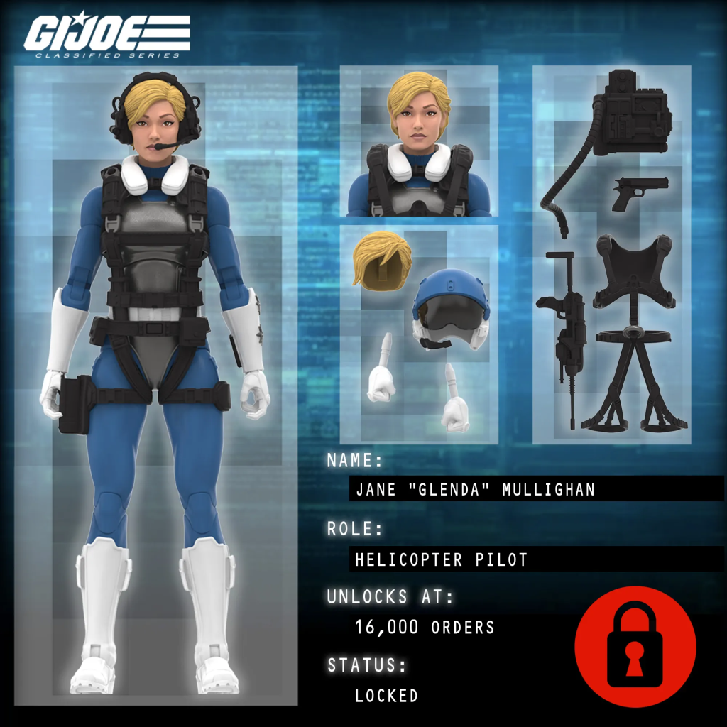 Jane "Glenda" Mullighan - Included with Dragonfly if Unlocked at 16,000 Orders

G.I. JOE ASSAULT COPTER DRAGONFLY (XH-1) CLASSIFIED RECRUIT #2

Well done, friends. As our Assault Copter fleet continues to grow, the Joe team needs another pilot to keep our birds flying high and to train the next generation of recruits. I’ve found the perfect candidate among the ranks of our international comrades in arms, the Comandos Heroicos. They stand proud in defense of freedom. If Operation: Dragonfly reaches 16,000 orders before the end of the campaign on July 17th, all backers will receive a G.I. Joe Classified Series Jane “Glenda” Mullighan action figure in addition to the base offering. The piloting skills of this Master Instructor rival those of any active Joe and as an added bonus we’ve included a separate harness which is adjustable to fit multiple figure sizes and attaches to the hoist’s rescue hook. Let’s work together to bring Jane “Glenda” Mullighan into the G.I. Joe fold.