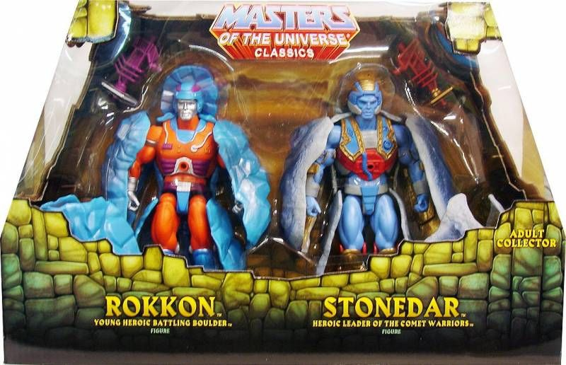 Rokkon, the Young Heroic Battling Boulder, was rocked from his stationary orbit patrol by a light storm from Horde World. Alongside Stonedar, he allied with the Masters of the Universe, transforming into a mighty meteorite to surprise attackers. His rocky body can deflect laser blasts as he aids the heroic warriors in the heart of battle.